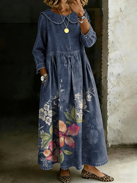 Vintage Flower Peter Pan Collar Long-Sleeved Casual Loose Denim Dress