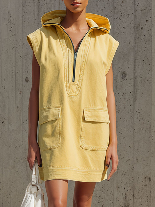 Casual Retro Sleeveless Yellow Denim Hooded Half-Zip Mini Dress