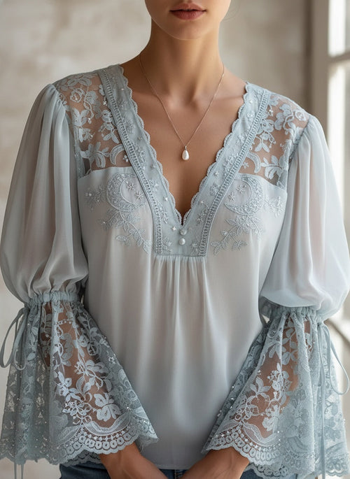 Elegant Powder Blue Lace and Chiffon Blouse with Bell Sleeves