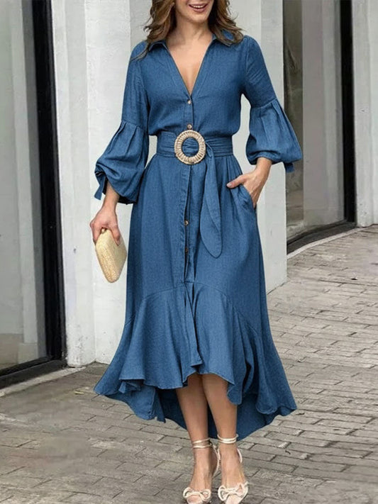 V-Neck Long-Sleeved Casual Loose Denim Dress