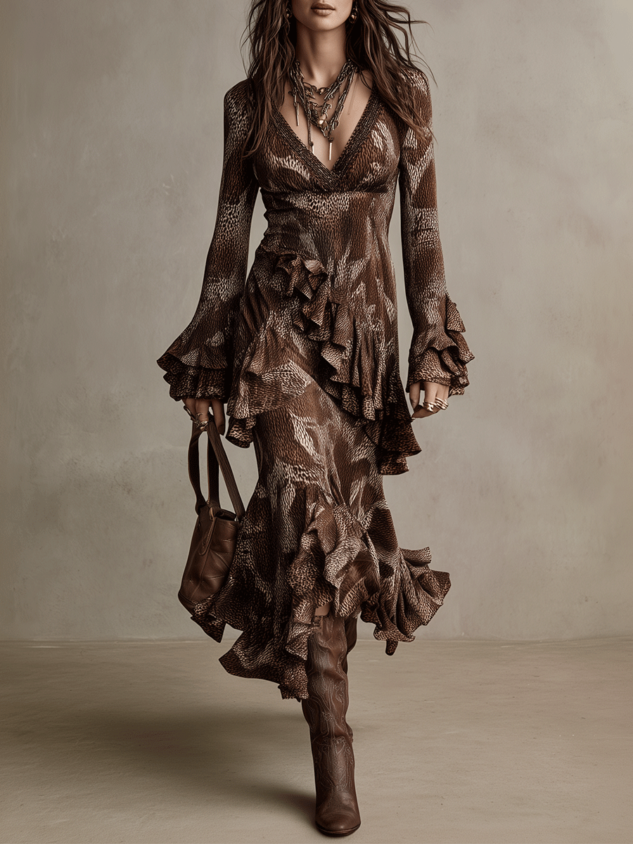Vintage Brown Flounce Long-Sleeve Gown Maxi Dress