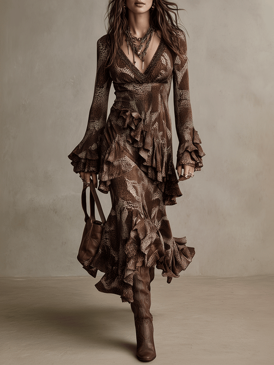 Vintage Brown Flounce Long-Sleeve Gown Maxi Dress