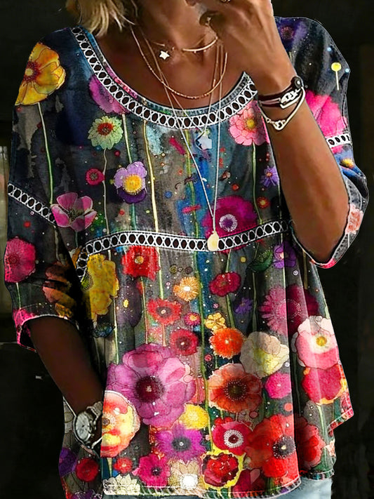 Vintage Floral Casual Loose Denim Blouse Shirt