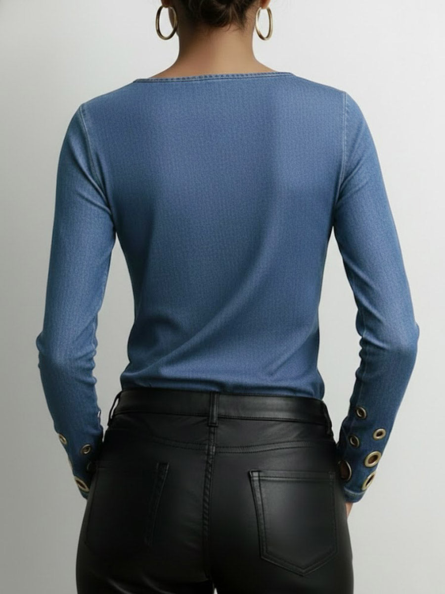 Round Neck Long-Sleeve Faux Denim Stretch Casual Loose Denim Top