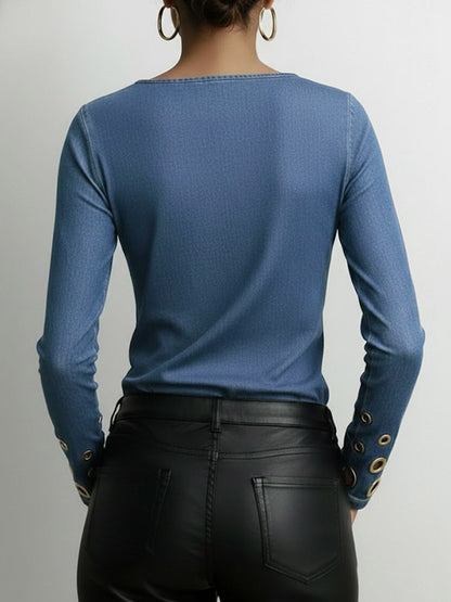 Round Neck Long-Sleeve Faux Denim Stretch Casual Loose Denim Top