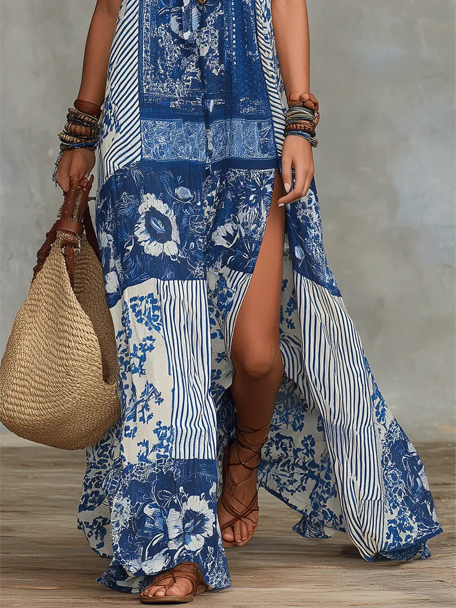 Retro Ethnic Floral Pattern Art Print Casual Fashion Cotton Maxi Dress