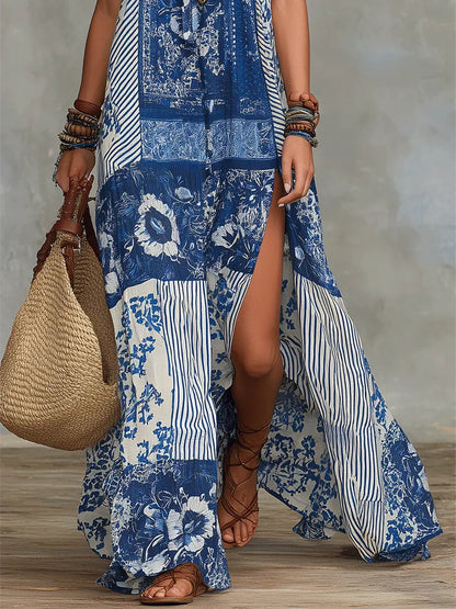 Retro Ethnic Floral Pattern Art Print Casual Fashion Cotton Maxi Dress