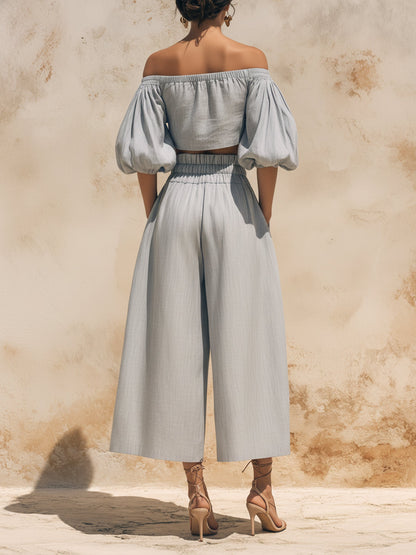 Off-The-Shoulder Puff Sleeve Linen Two-Piece Set