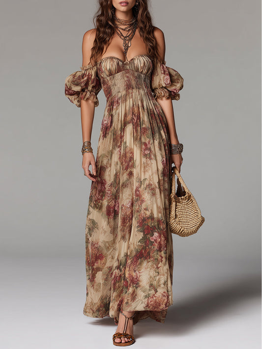 Off-The-Shoulder Maxi Dress with Oil Painting-Style Floral Print