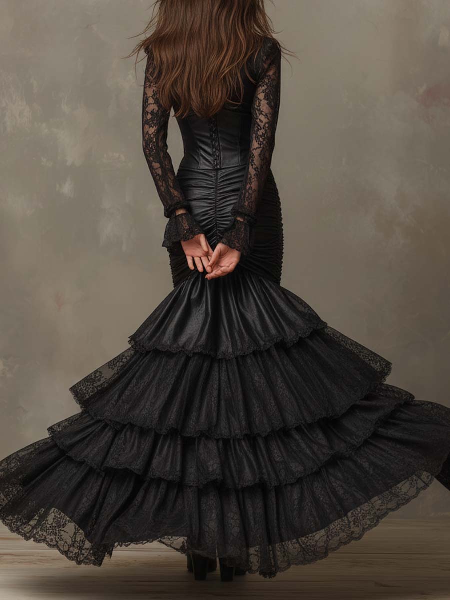 Black Faux Leather Corset Maxi Dress with Lace Sleeves