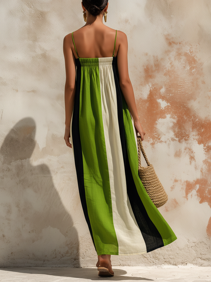 Colorblock Linen-Blend Strapless Maxi Dress
