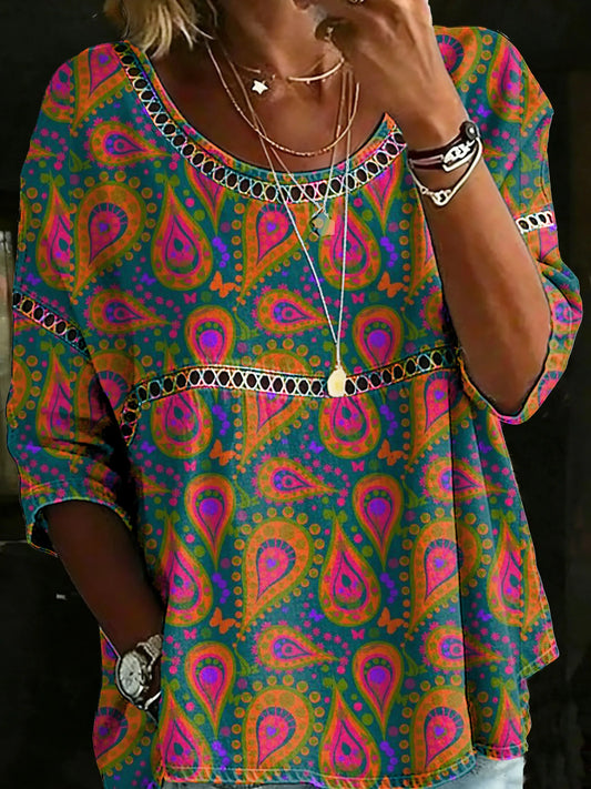 Vintage Ethnic Casual Loose Denim Blouse Shirt
