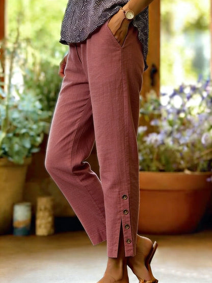 Cotton-Linen Button Slit Solid-Color Loose-Fit Casual Trousers