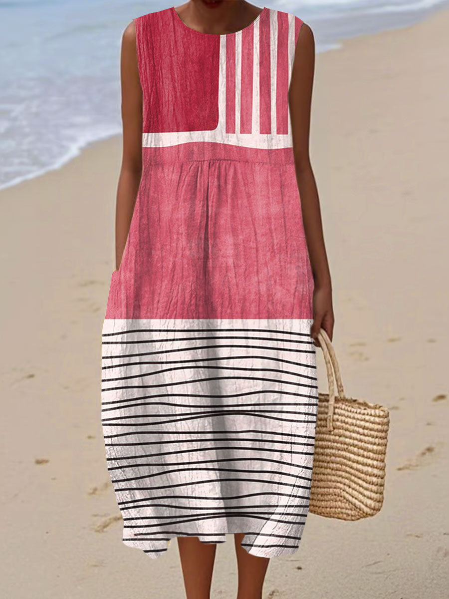 Vintage Abstract Geometry Art Print Sleeveless Cotton Pocket Wrap Dress