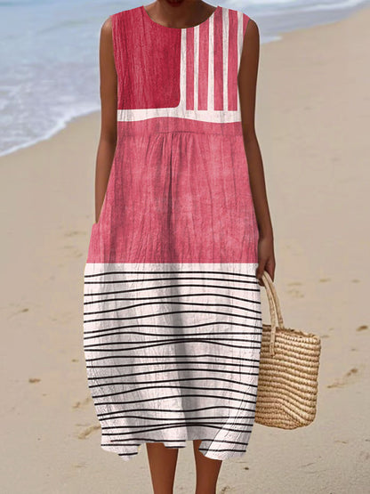 Vintage Abstract Geometry Art Print Sleeveless Cotton Pocket Wrap Dress