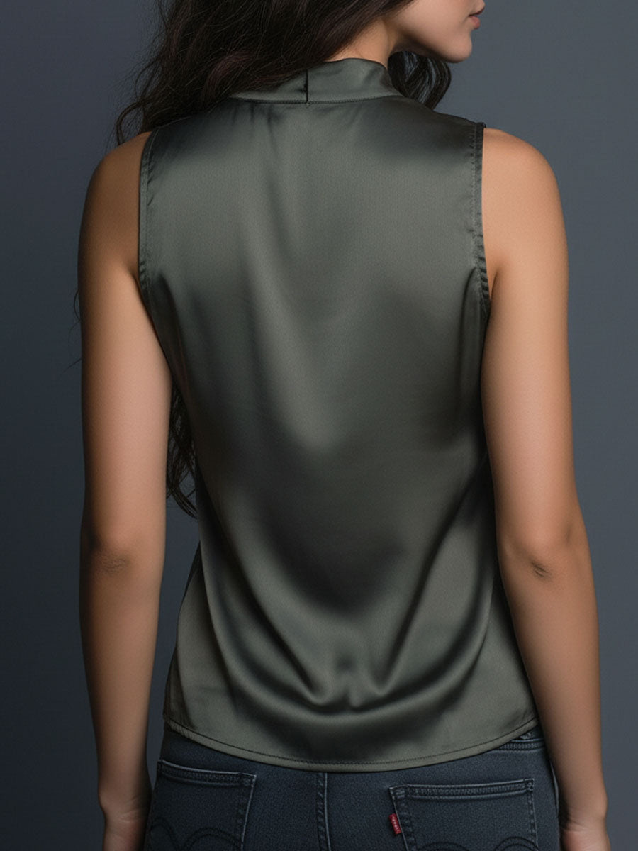 High Collar Olive Satin Lace Trim Sleeveless Blouse