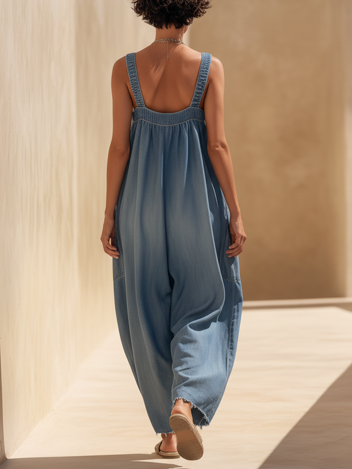 Oversized Lightweight Denim Jumpsuit with Sleeveless Wide-Leg Romper with Frayed Hem