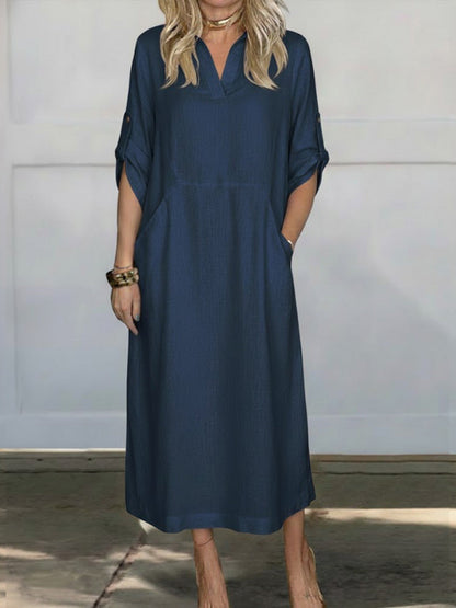 Solid Color Lapel Long-Sleeved Casual Loose Linen Dress
