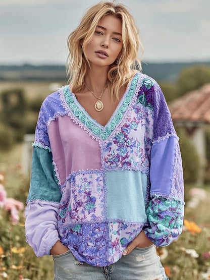 Vintage Floral Patchwork Art Cozy Warm Sweatshirt