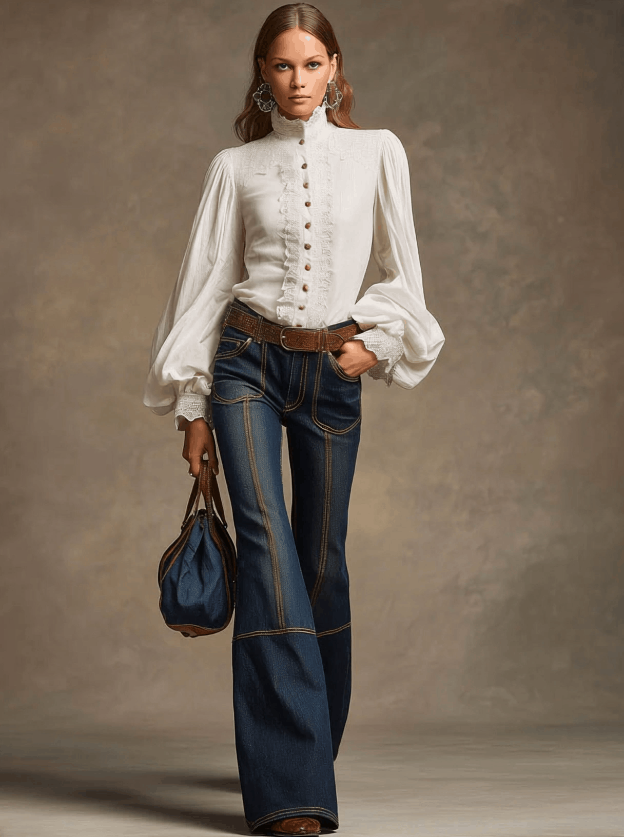 Retro Brown Double-Stitched Navy Jeans