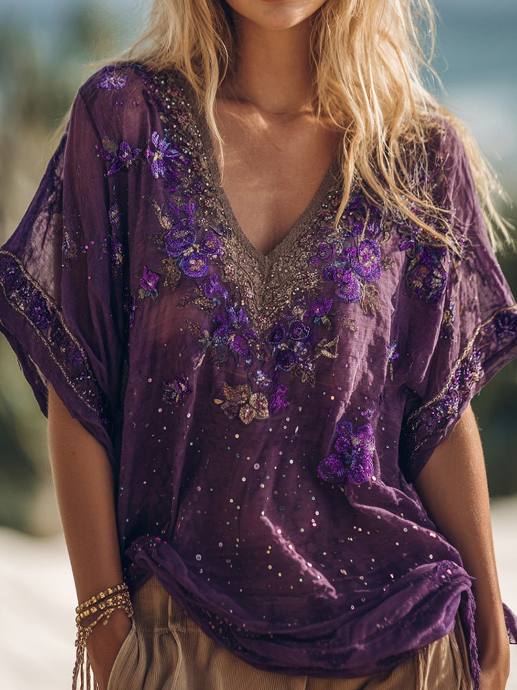 Pansy Embroidered Sequined Holiday Short-Sleeve T-Shirt