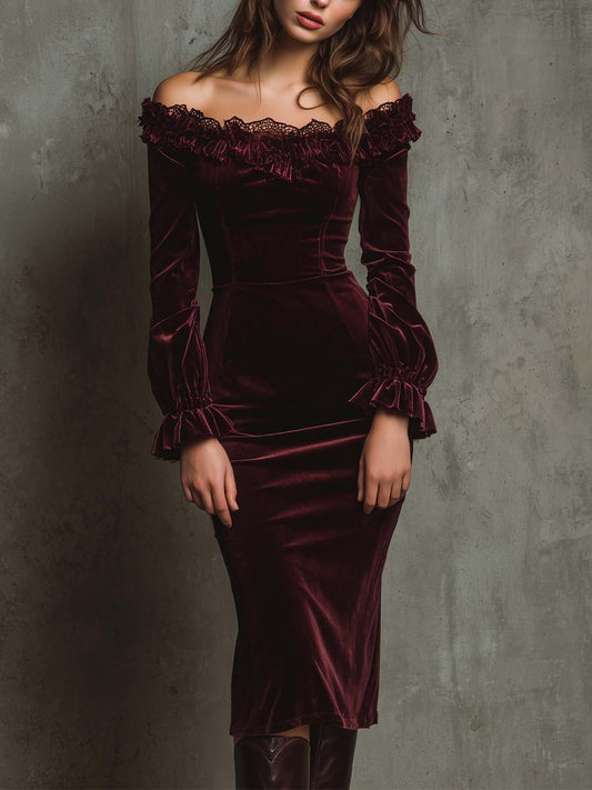 Wine Velvet Off-Shoulder Midi Dress with Lace Trim