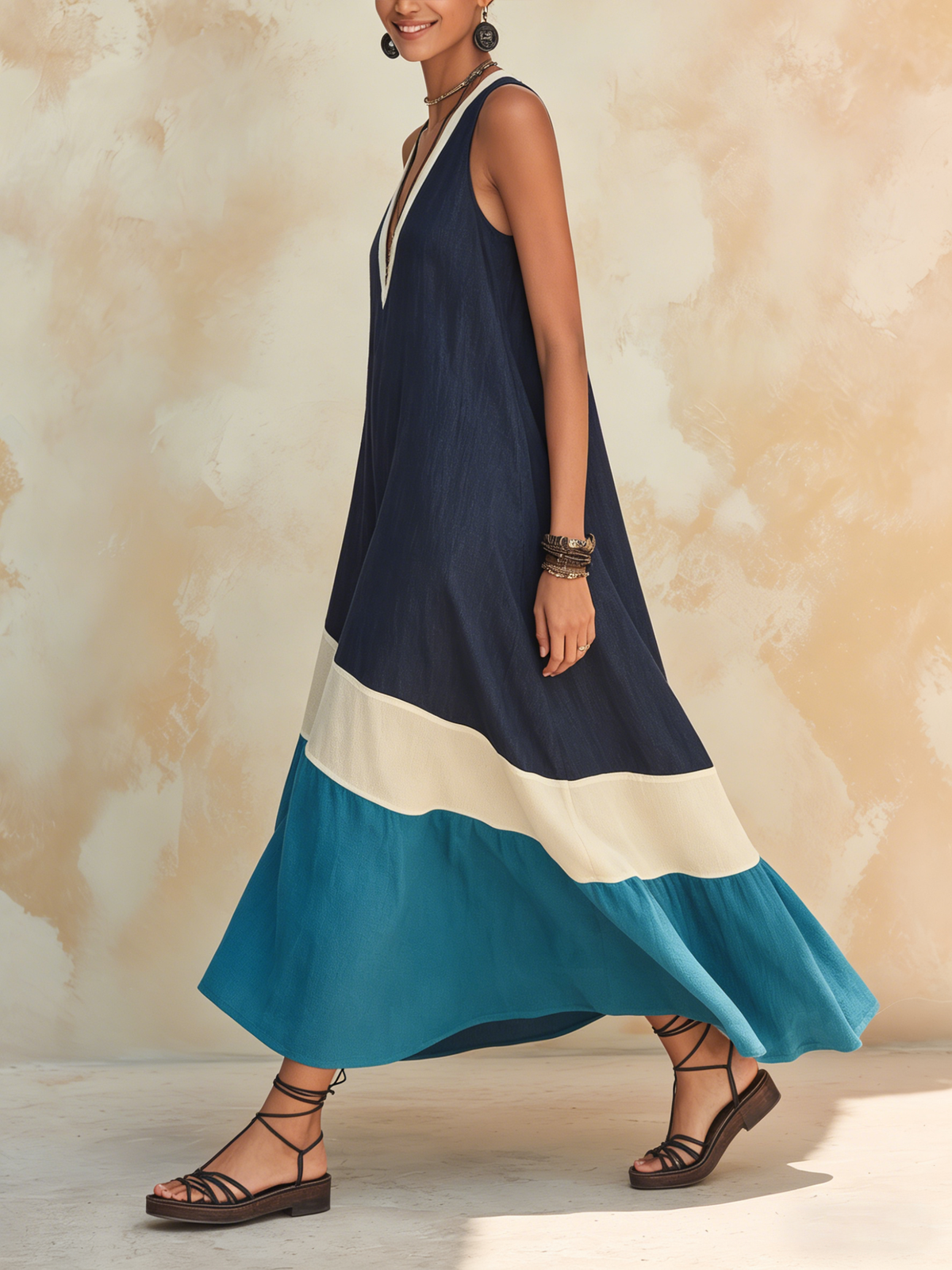 Colorblock Linen-Blend Maxi Dress