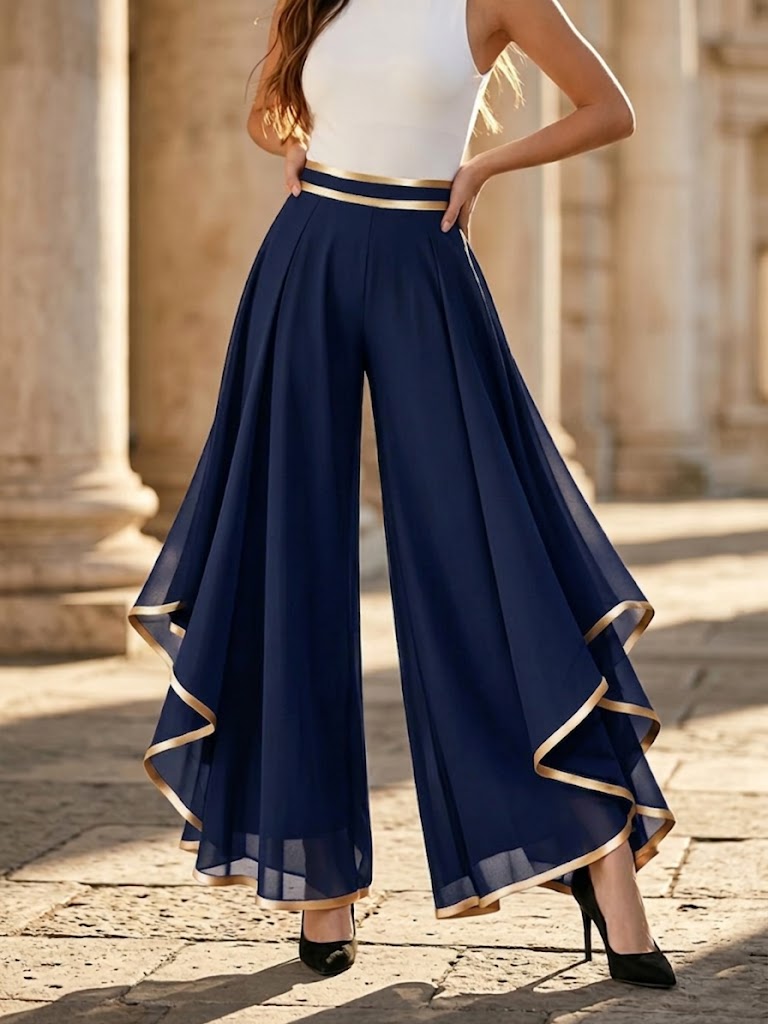 Stylish Gold-Trimmed Flowy Chiffon Trousers