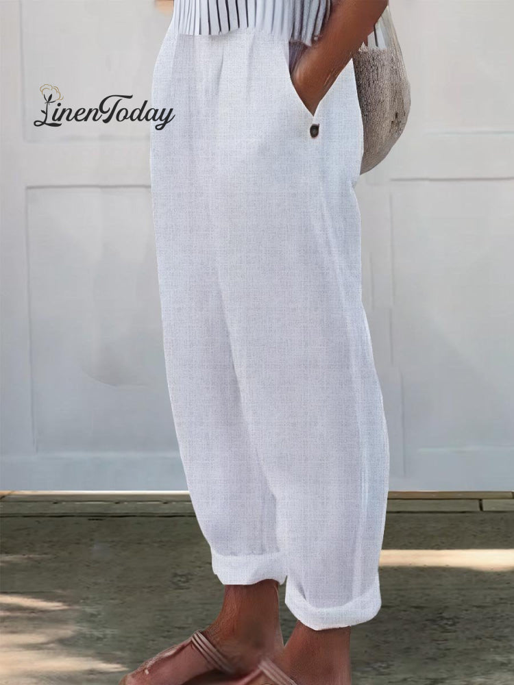 Printed Cotton and Linen Casual Pants