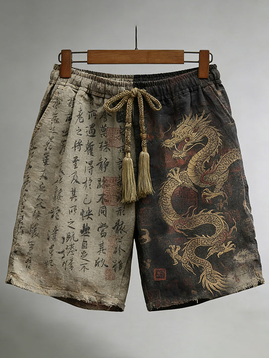 Men's Calligraphy with Dragon Art Pattern Linen Blend Casual Shorts