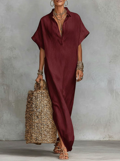 Solid Color Collared Short-Sleeved Casual Loose Linen Dress