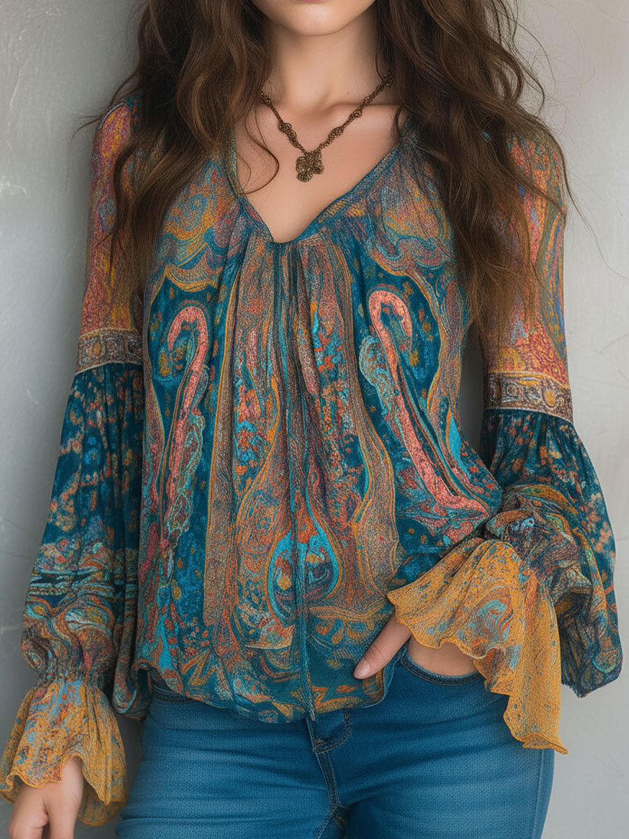 Bohemian Teal and Amber Paisley Chiffon Blouse with Ruffled Cuffs