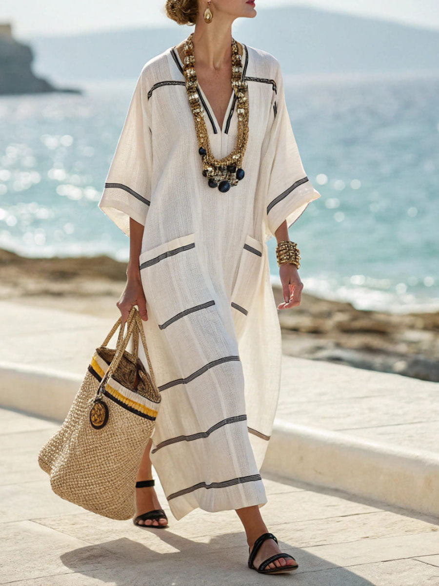 V-Neck Short-Sleeved Long Dress