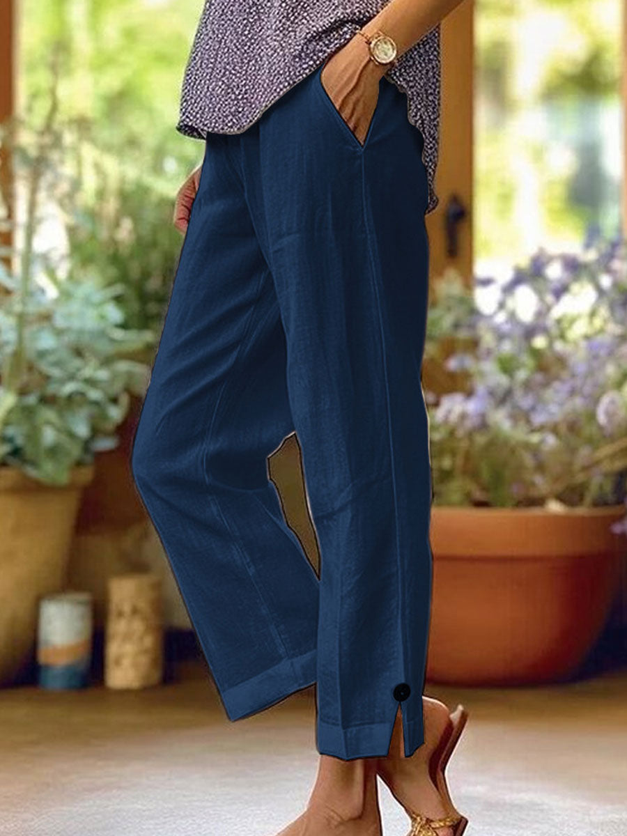Cotton-Linen Solid Color Elastic Waist Pockets Straight Leg Loose-Fit Casual Trousers