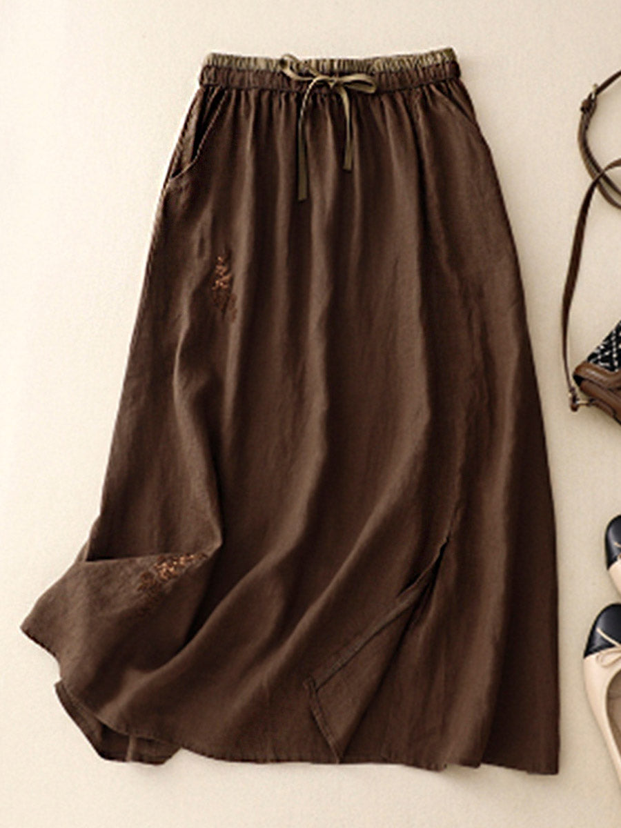 Artistic Embroidery Elastic Waist Colorblock A-Line Loose Linen Skirt