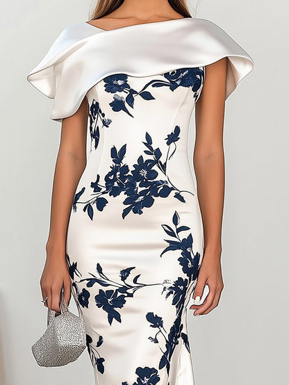 Glamorous White and Navy Floral Print Mermaid Satin Dress