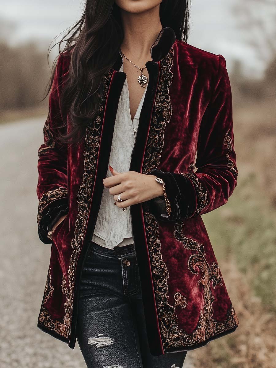 Vintage Paisley Long Sleeves Velvet Jacket