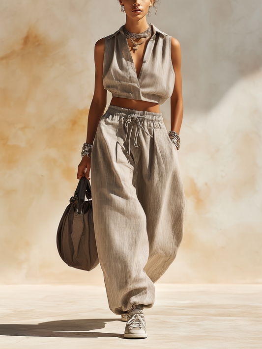 Linen-Blend Cropped Vest and Balloon Pants Two-Piece Set | Casual Chic Loungewear