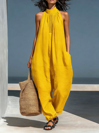 Stand-Up Collar Sleeveless Casual Loose Cotton and Linen Wide-Leg Jumpsuit