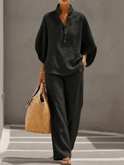 Batwing Sleeve Linen Cotton Two-Piece Set with Casual Shirt and Wide-Leg Pants Outfit