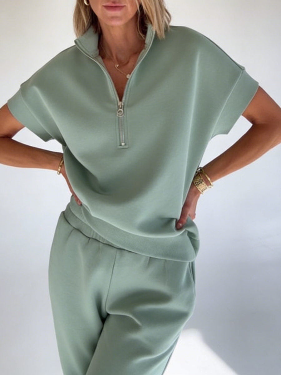 Cozy Travel Stand-Collar Zip Sweatshirt and Pants Two-Piece Set