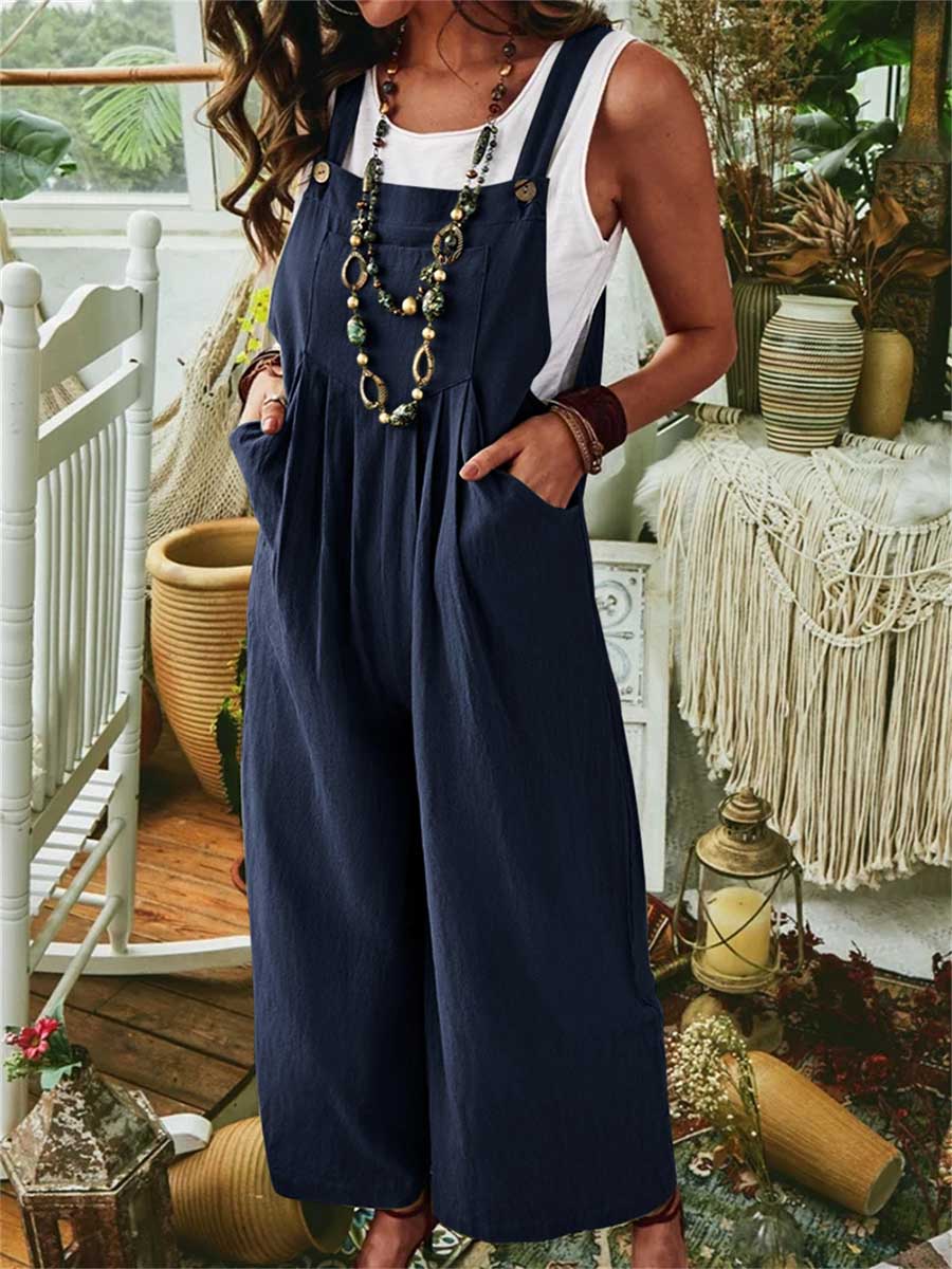 Solid Color Sleeveless Pocket Casual Linen Cotton Bib Wide-Leg Jumpsuit