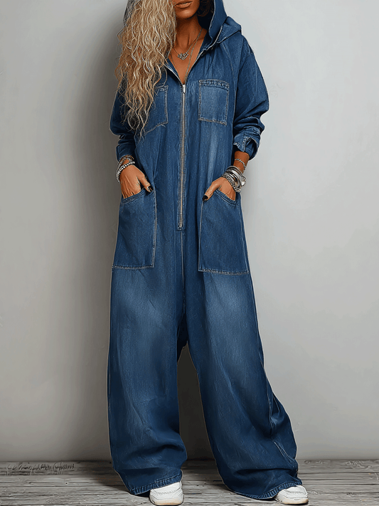 Hooded One Piece Denim Jumpsuit