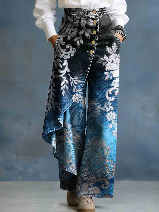 Vintage Blue Gradient Floral Print Stylish Design High-Waisted Relaxed Fit Wide-Leg Jeans