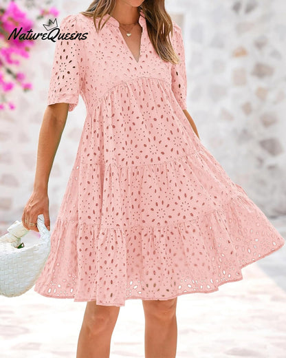 Elegant Hollow Out Lace Ruffle Casual Mini Dress
