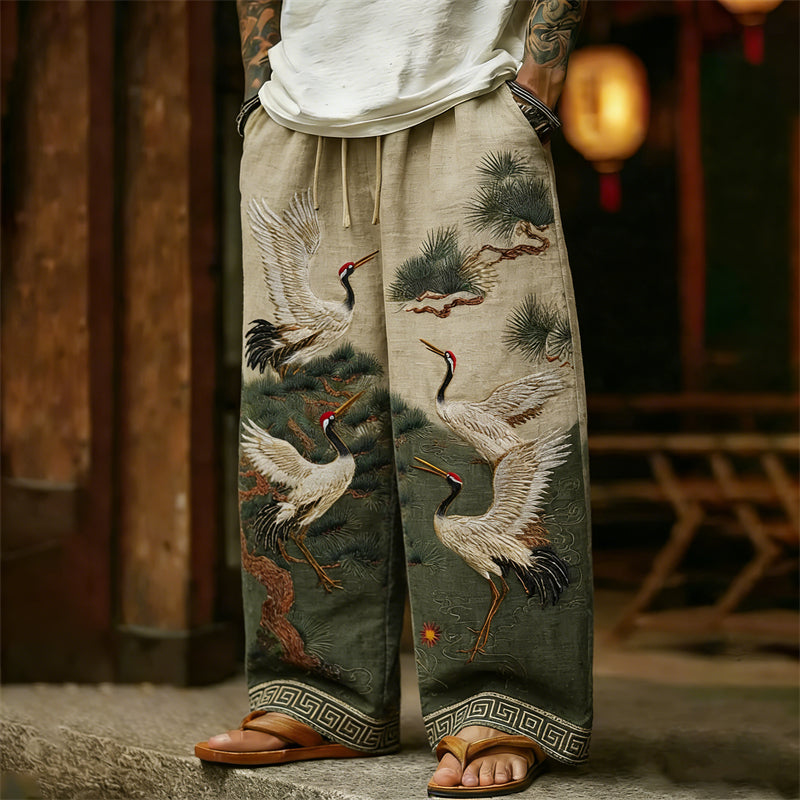 Men's Cranes and Pine Trees Japanese Art Linen Pants