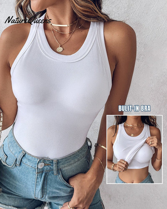Round Neck Ribbed Tank Top with Bra Pads