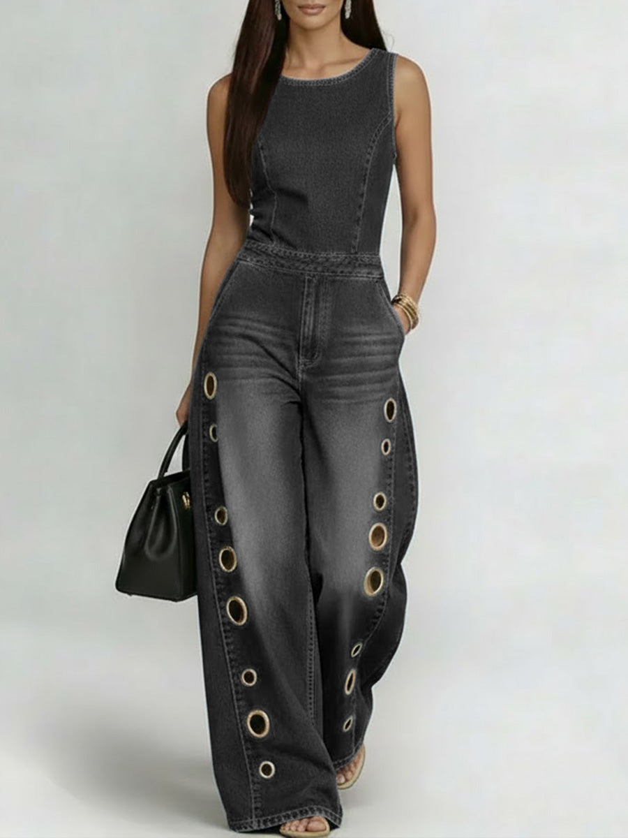 Round Neck Sleeveless Casual Loose Denim Wide-Leg Jumpsuit