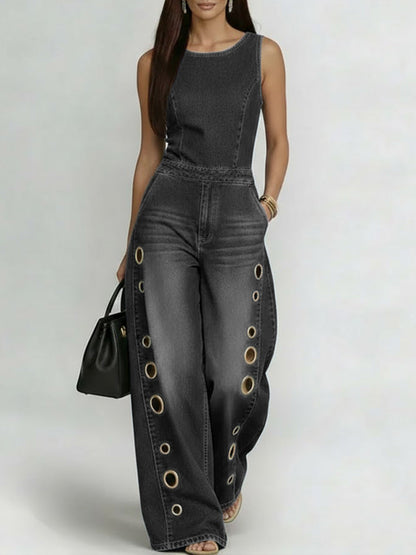 Round Neck Sleeveless Casual Loose Denim Wide-Leg Jumpsuit