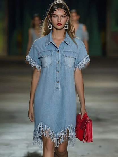 Casual Loose Vintage Denim Short-Sleeve Shirt Tassel Mini Dress